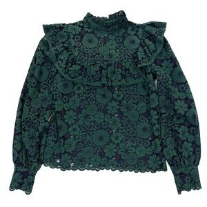 VICI Womens Lace Top Small Green Black Floral Ruffle Neck Boho Long Sleeve